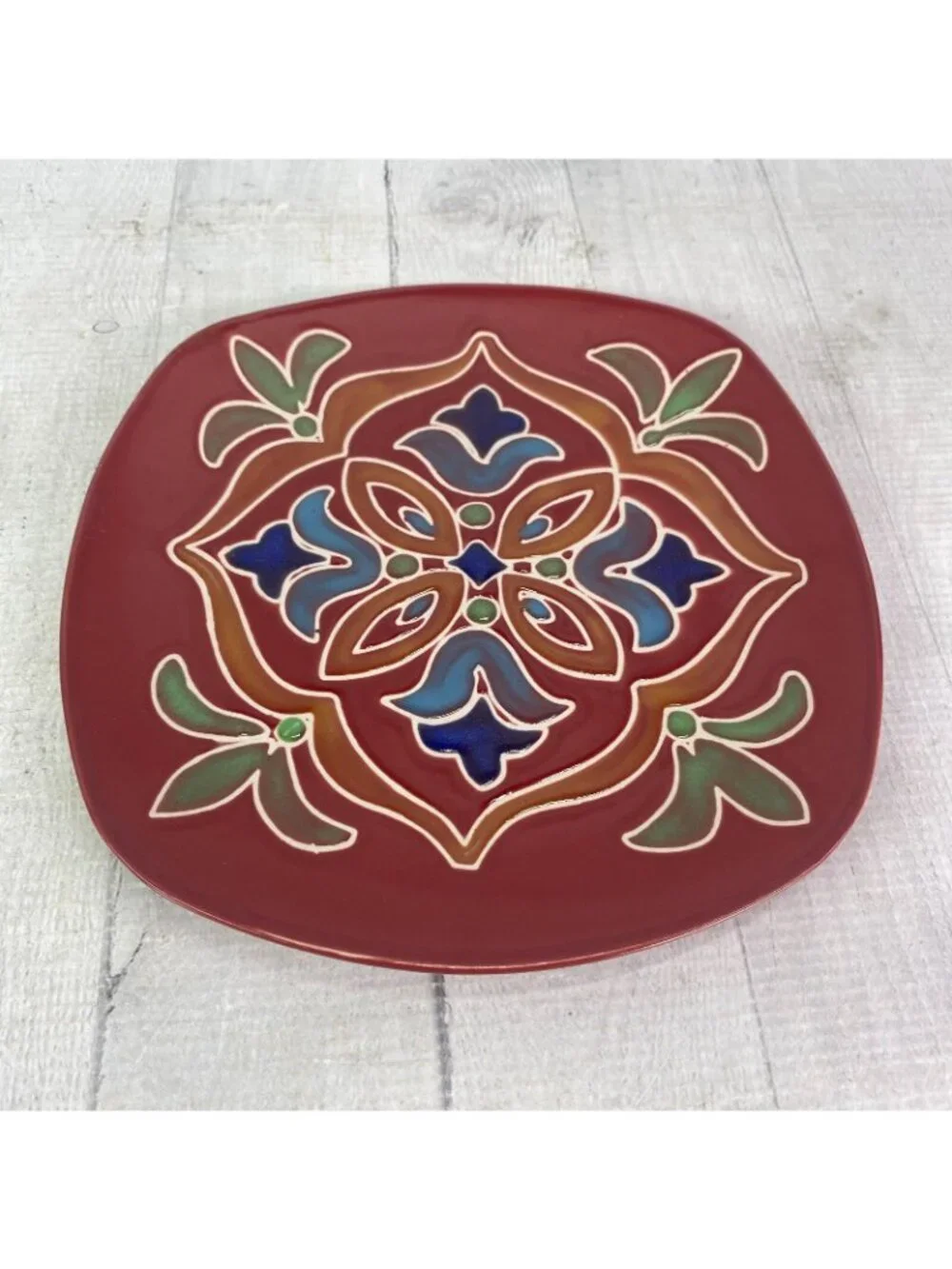 Better Homes & Gardens MEDALLION Floral Red Square Stoneware Lunch Plate Set 2